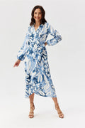 Robe de jour élégante Roco Fashion midi manches longues col V profond ceinture intégrée polyester femme