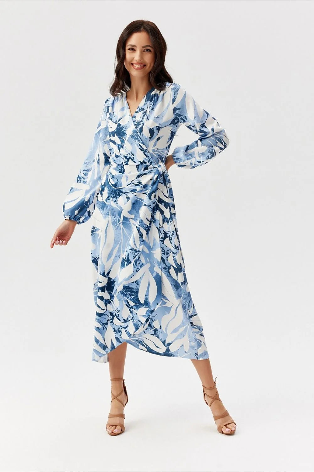 Robe de jour élégante Roco Fashion midi manches longues col V profond ceinture intégrée polyester femme