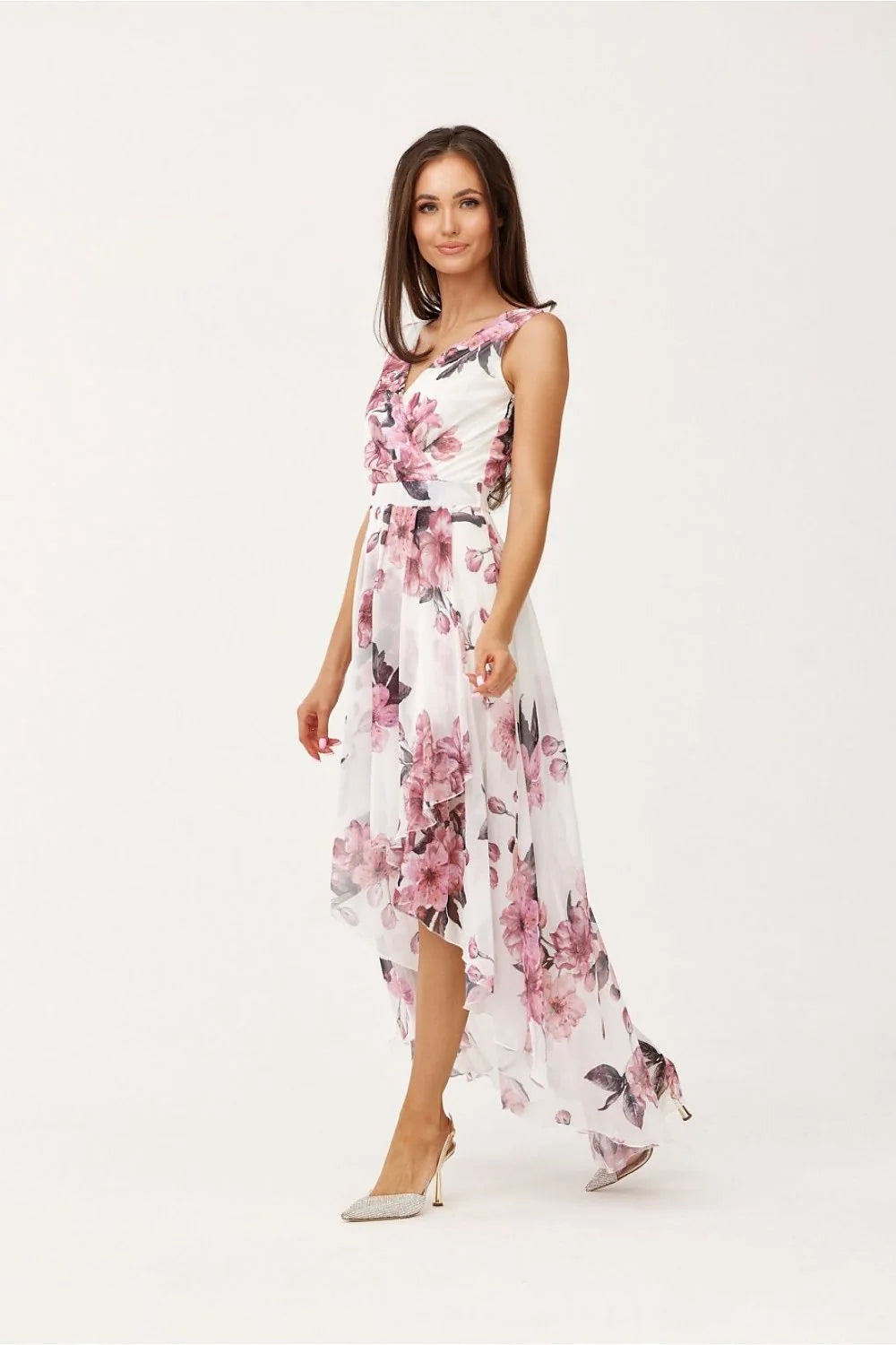 robe cocktail longue asymétrique mousseline doublée fluide cintrée décolleté croisé sans manches floral pastel ourlet plongeant volants jupon cousu sophistiquée