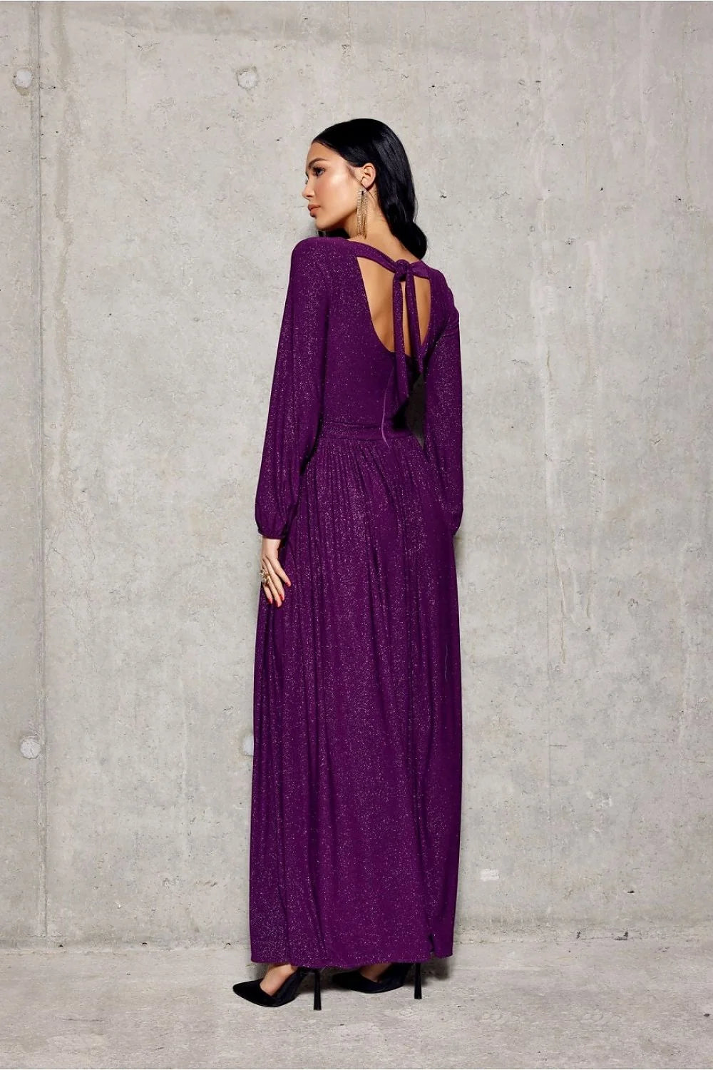 Robe longue élégante pour soirée en tissu scintillant V-décolleté manches longues ceinture ajustable couleur pourpre femme