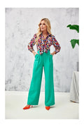 pantalon femme large palazzo taille haute vert émeraude plis devant poches latérales fermeture arrière chaîne décorative polyester viscose cousu Pologne