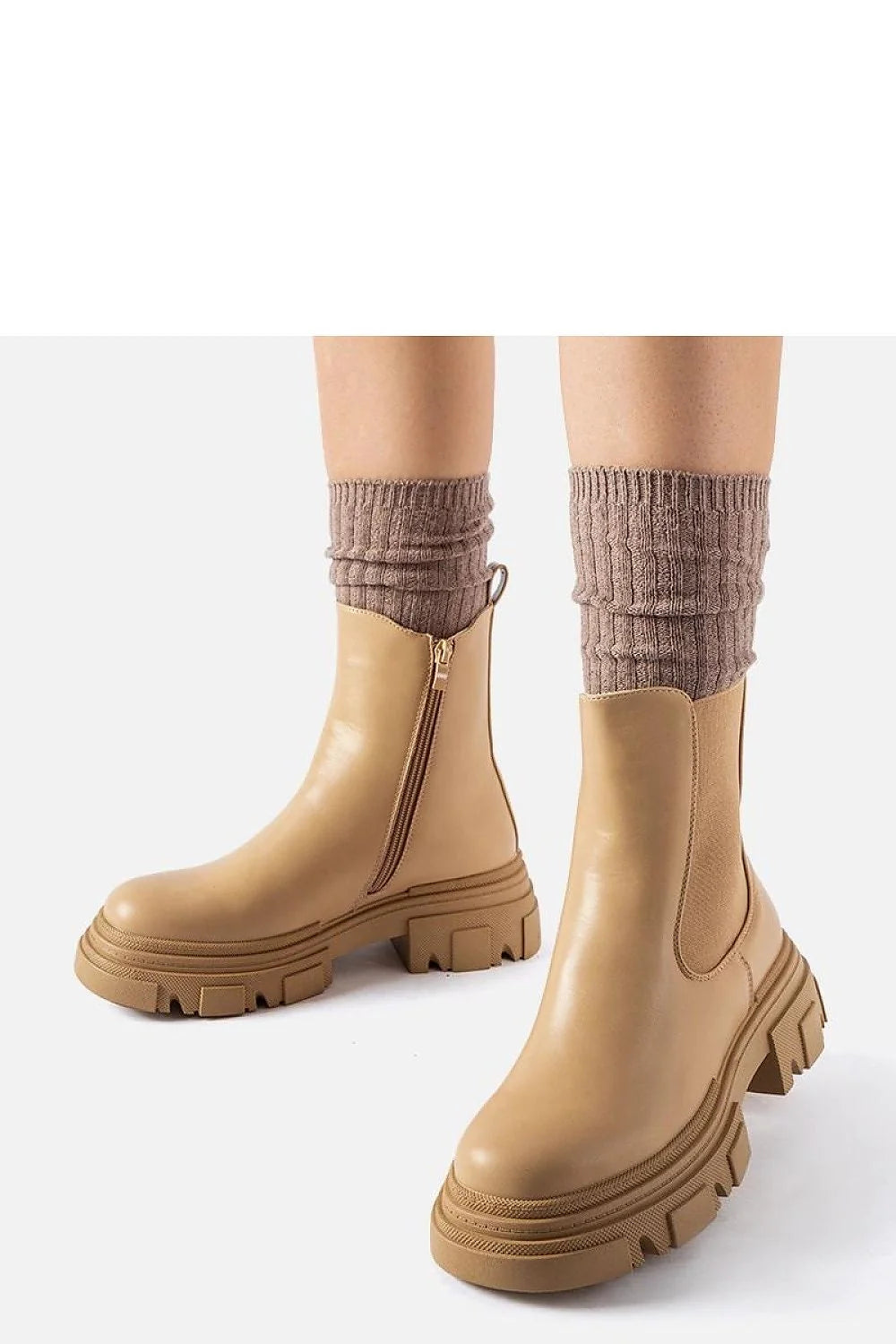 bottes femmes modernes automne hiver beige cuir synthétique doublé chaud bout rond mi mollet talon bloc