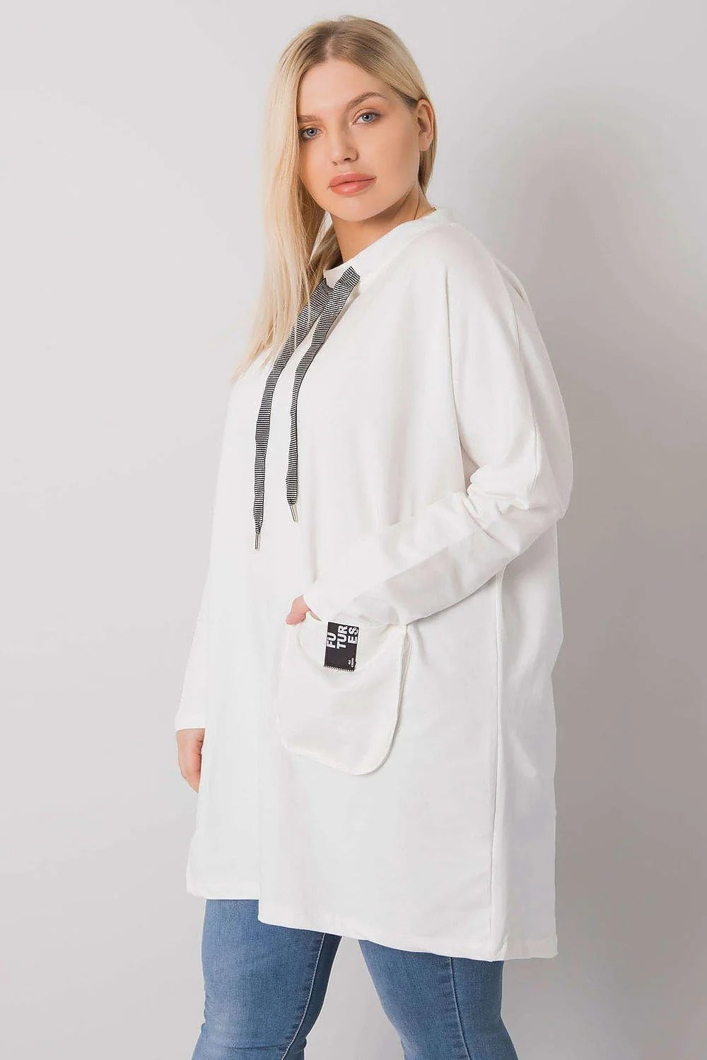 Sweatshirt à capuche long coton femme ample blanc confortable mode décontractée poche kangourou stylé