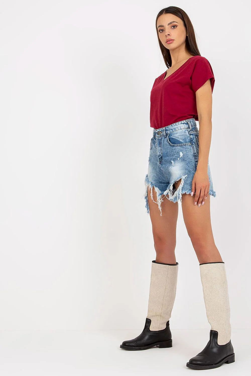 T-shirt femme décontracté couleur marron terre V-neck coton élasthanne loose quotidien