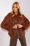 Veste en fausse fourrure brun rouille longues manches ample coupe sans fermeture femmes