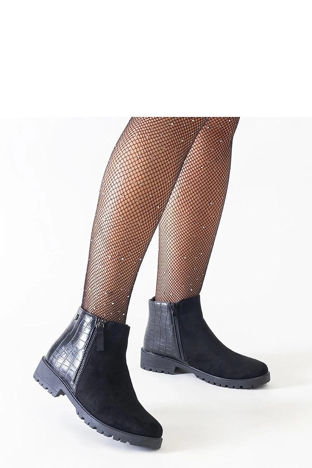 Bottes modernes élégantes effet croco suédine noire fermeture éclair latérale bout en amande hauteur sur la cheville talon plat femmes