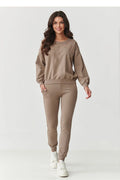 ensemble jogging femme sweat oversize col rond jogger slim taupe molleton côtelé coton extensible confortable minimaliste poches latérales poignets élastiques