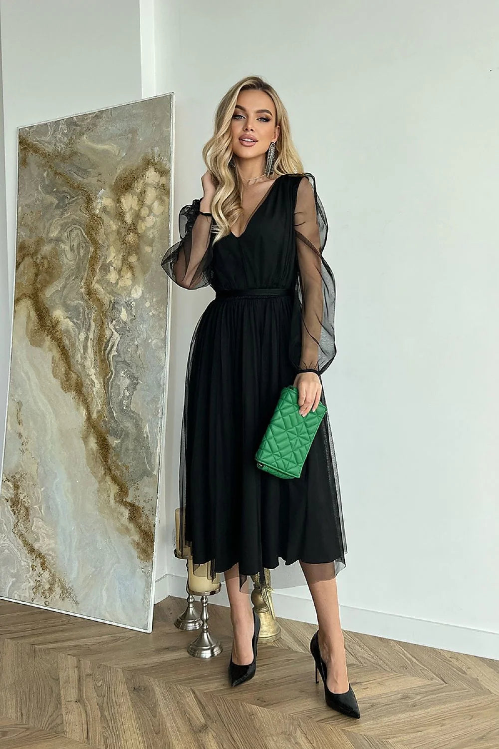 Robe de soirée élégante longueur midi manches longues transparence brocart vert émeraude femmes soirée formelle