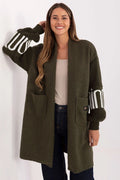 cardigan femme jeté longueur genou manches bouffantes tricot bouclé polyester doux léger confortable texture variée poches insérées