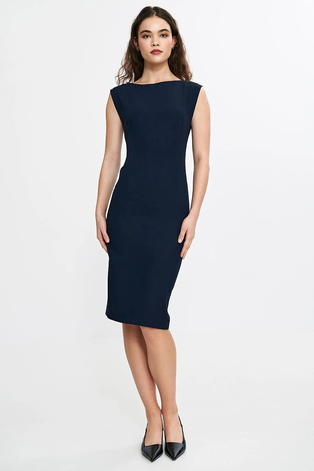 Robe de jour élégante ajustée sans manches encolure bateau dos en V jupe crayon couleur bleu marine femme