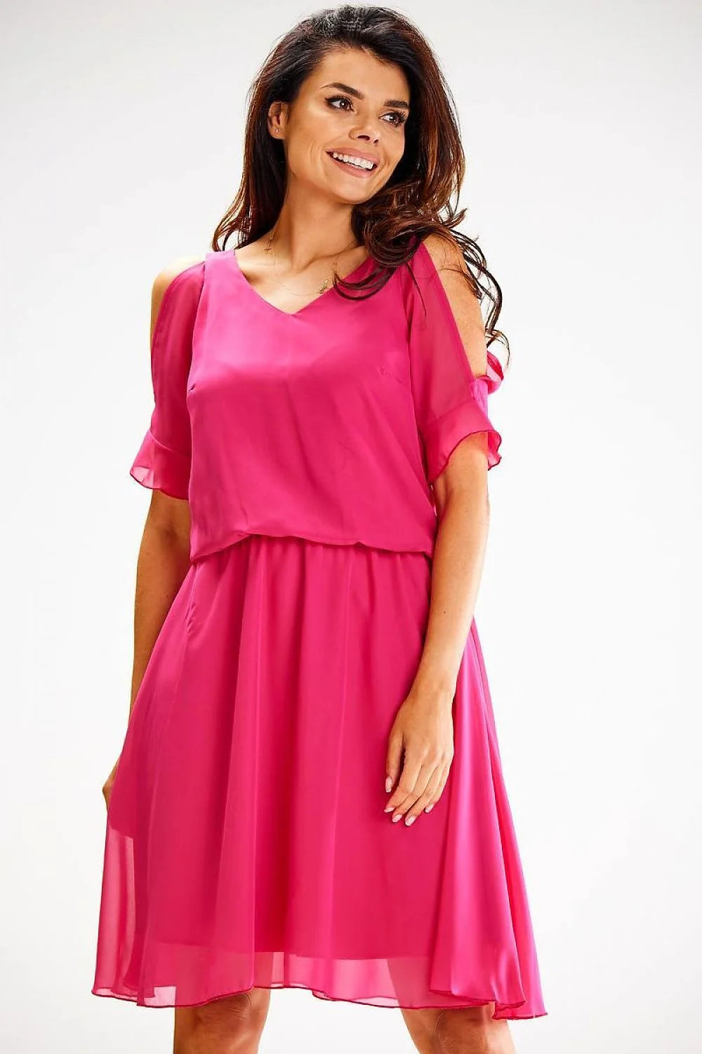robe élégante awama pailletée sans manches fuchsia polyester fluide doublure opaque encolure échancrée épaules dénudées taille cintrée jupe évasée
