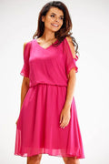 robe élégante awama pailletée sans manches fuchsia polyester fluide doublure opaque encolure échancrée épaules dénudées taille cintrée jupe évasée