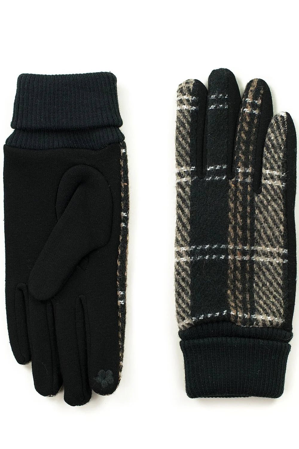 Gants élégants pour femmes en coton et polyester, design carreaux et noir, poignets côtelés, intérieur polaire, style classique, usage hivernal