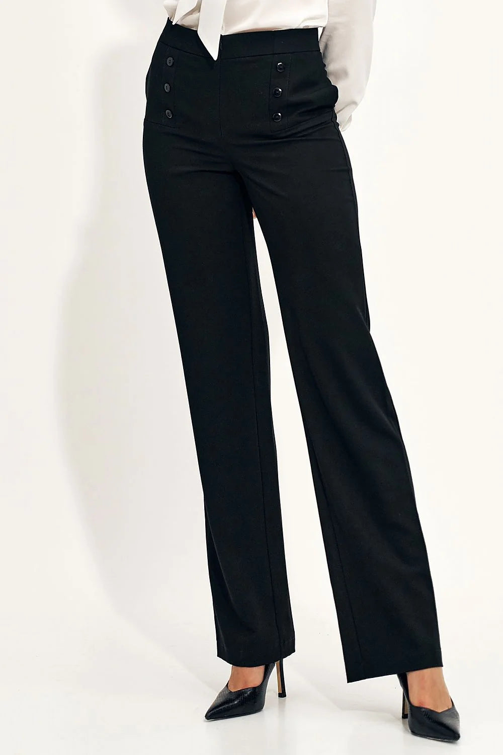 Pantalon femme élégant coupe large taille haute matériau qualité boutons double rangée style professionnel occasion bureau femme