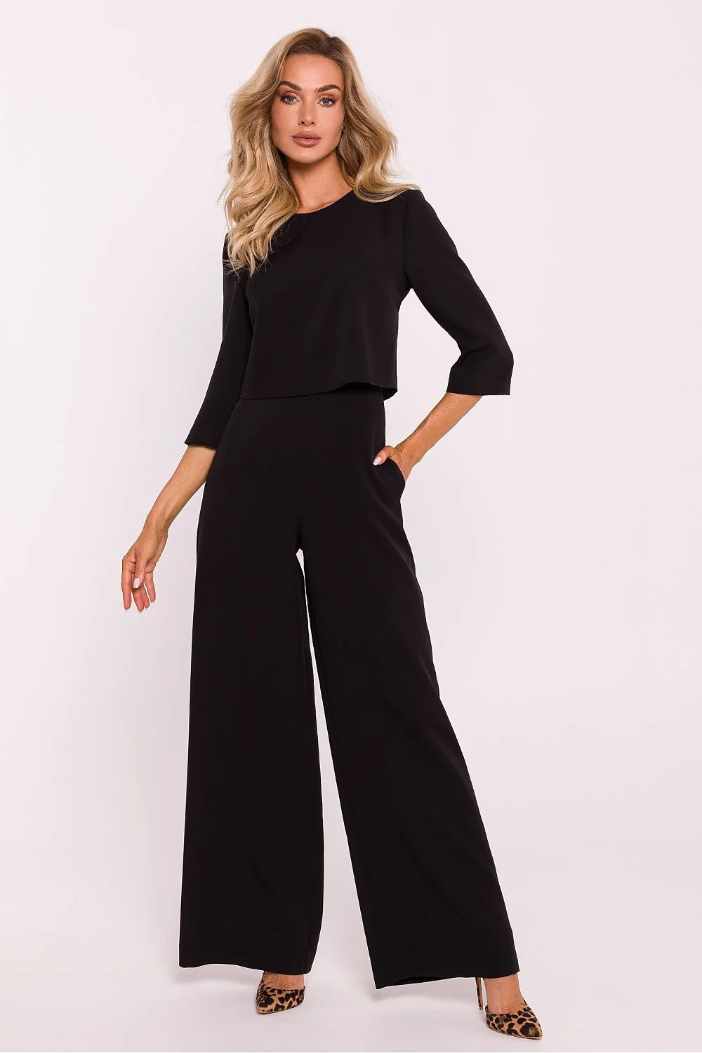 Ensemble féminin sophistiqué noir deux pièces coupe large manches trois quarts hautes taille femme occasionnels professionnels élégants