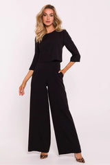 Ensemble féminin sophistiqué noir deux pièces coupe large manches trois quarts hautes taille femme occasionnels professionnels élégants
