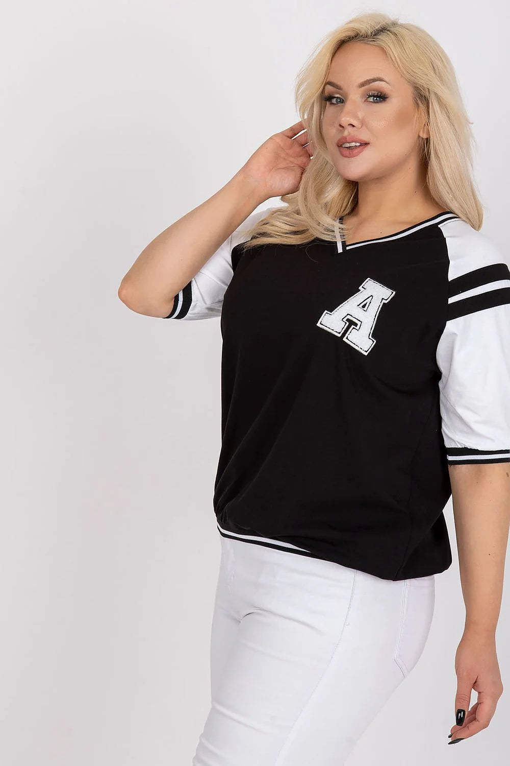 chemisier femme universitaire sportif décontracté manchescourtes lettreAappliquée coton élasthanne stretch coupeample colVrayé bandesnoires ourletélastiqué respirant confortable
