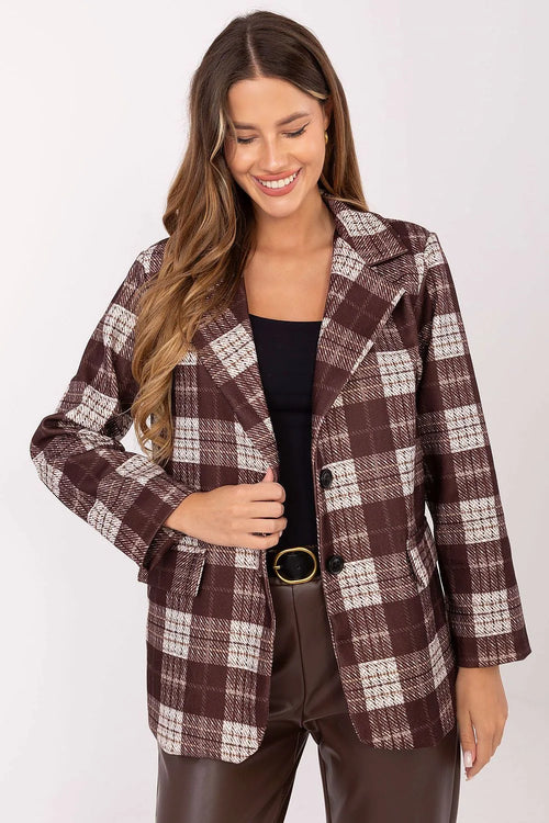 blazer femme carreaux marron écru coupe droite oversize col tailleur fermeture bouton poches rabat tissu laineux doublure structurée