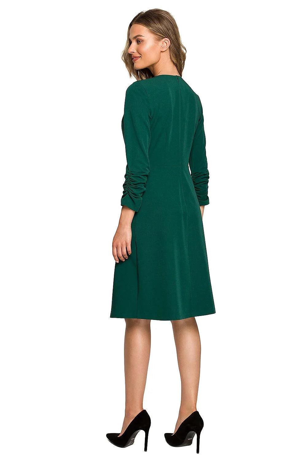 Robe de jour élégante pour femme en vert émeraude manches longues taille ajustable style classique