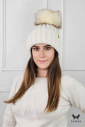 Bonnet d'hiver pour femme en laine épaisse maille épaisse couleur ivoire pompon volumétrique doublure polaire réversible