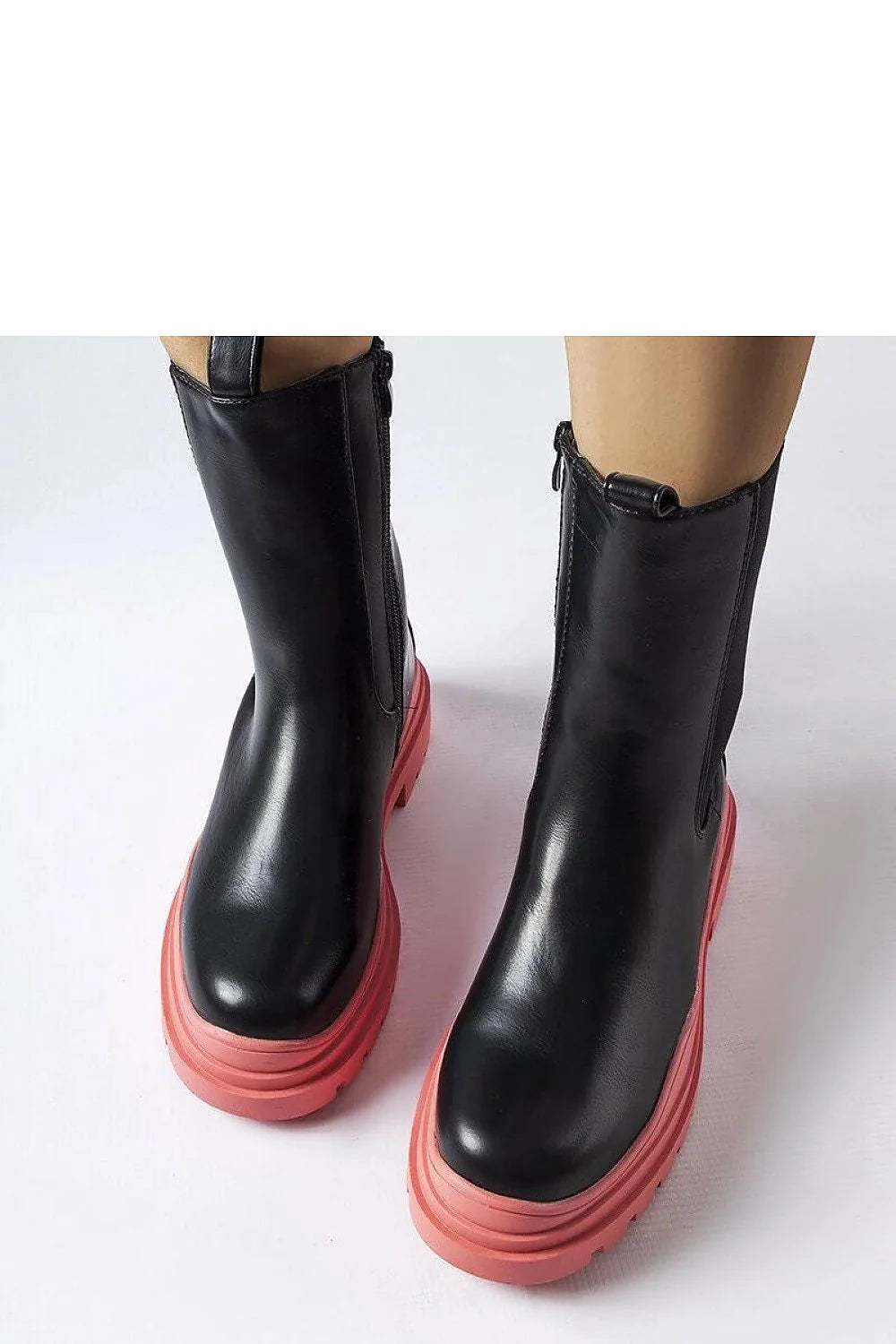 bottines femmes cuir noir lisse tige montante mollet zip latéral semelle caoutchouc rose corail épaisse crantée plateforme antidérapante confortable durable