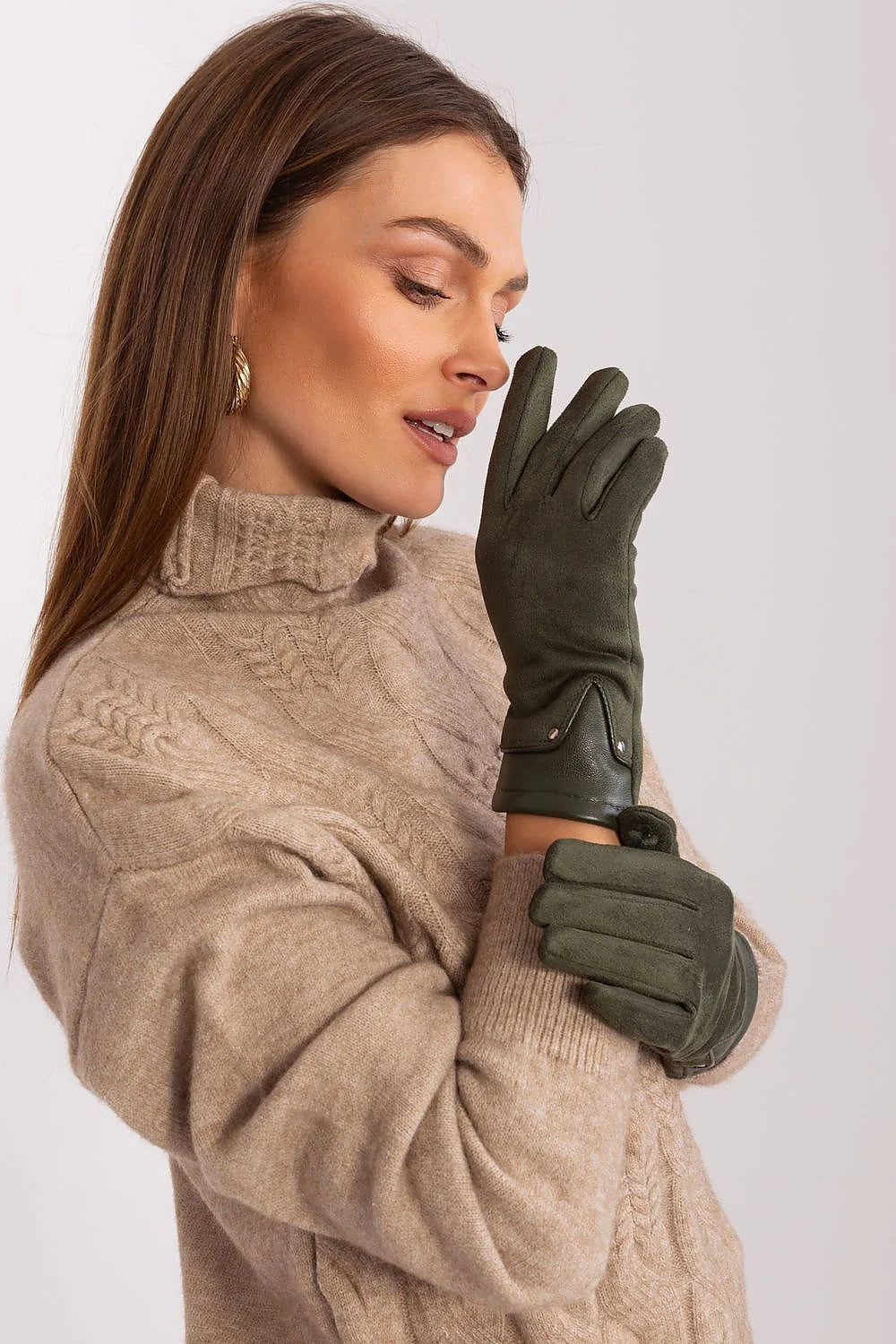 Gants élégants pour femmes en daim vert olive fleur brodée manchons cuir lisse boutons pression polyester spandex