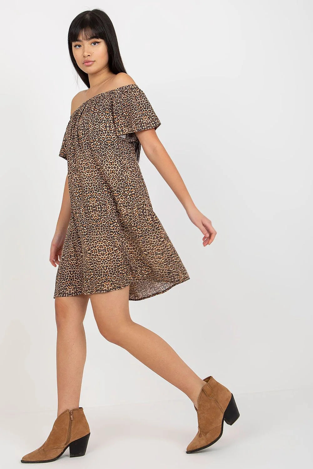 Robe de jour féminine été loose manches courtes encolure Bardot imprimé léopard 100% viscose多 taille XS S M L XL