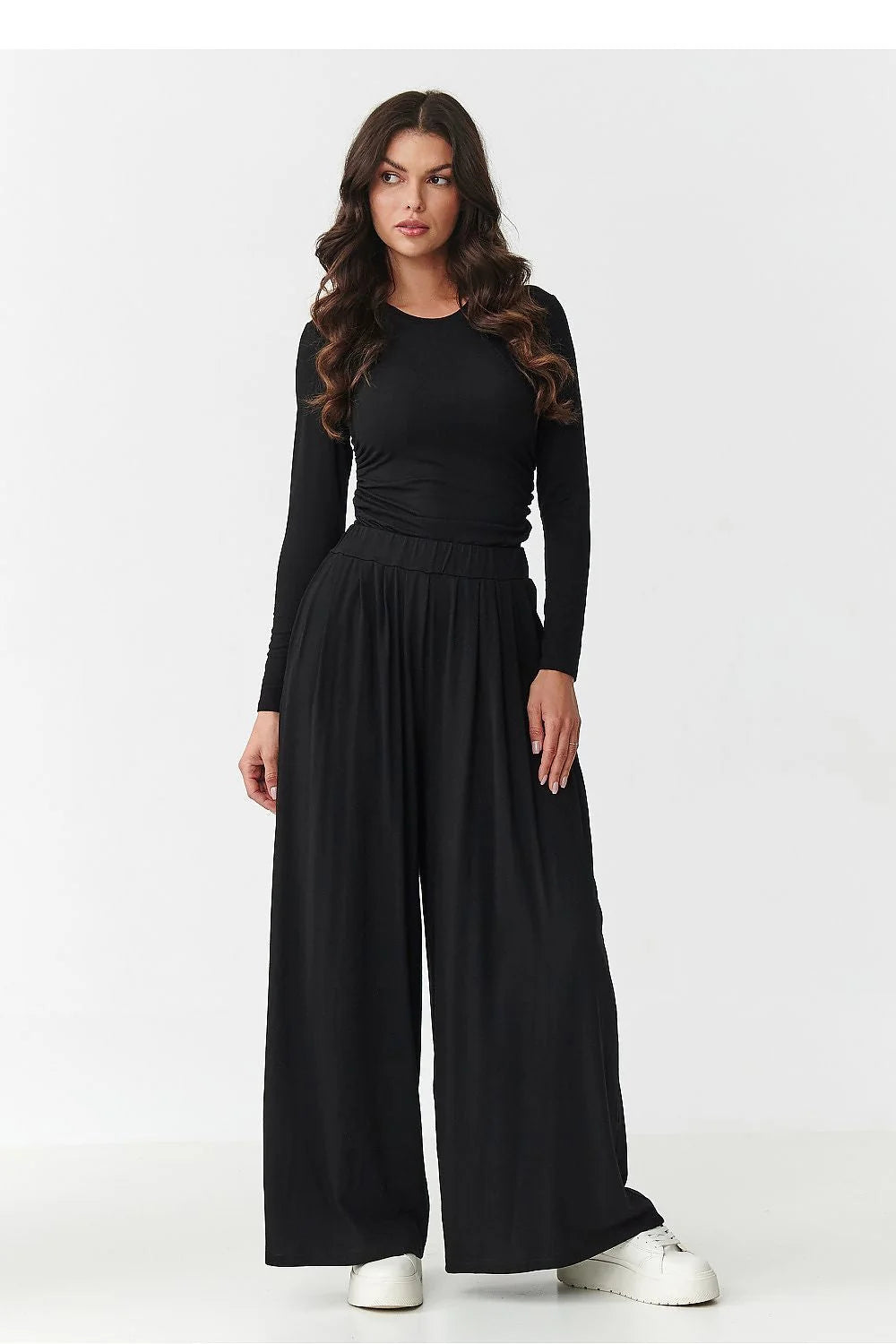 ensemble femme viscose extensible élasthanne chemisier ajusté manches longues plis latéraux taille élastiquée pantalon palazzo jambe extra large