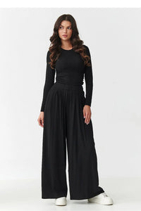 ensemble femme viscose extensible élasthanne chemisier ajusté manches longues plis latéraux taille élastiquée pantalon palazzo jambe extra large