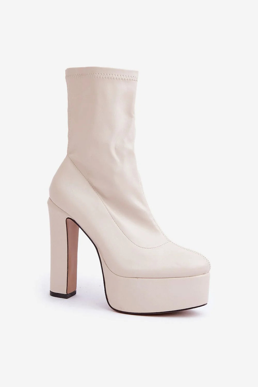 bottines femme talon haut bloc plateforme massive similicuir crème finition lisse bout arrondi tige chaussette ajustée fermeture latérale