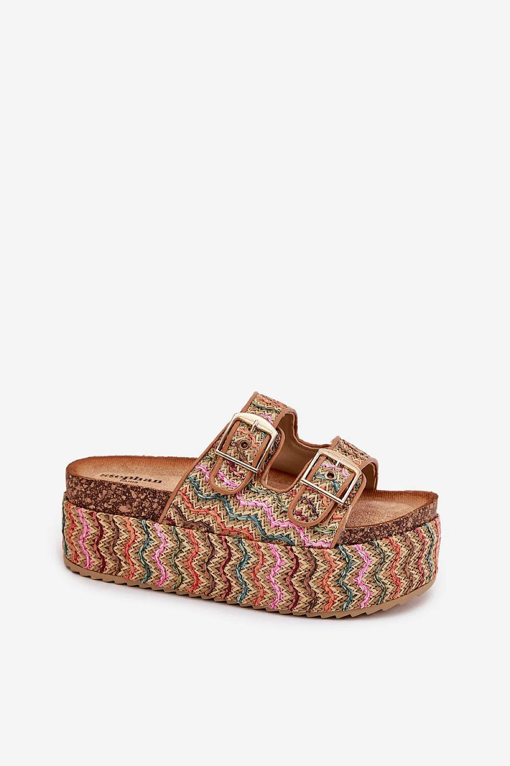 sandales femme plateforme tressée bohème chic multicolore zigzag textile liège raphia semelle intérieure cuir suédé confortable brides réglables boucles dorées