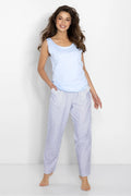 pyjama femme deux pièces coton OEKOTEX débardeur sans manches encolure bordée bleuciel pantalon taille élastique poches oversize cheville pois bleumarin
