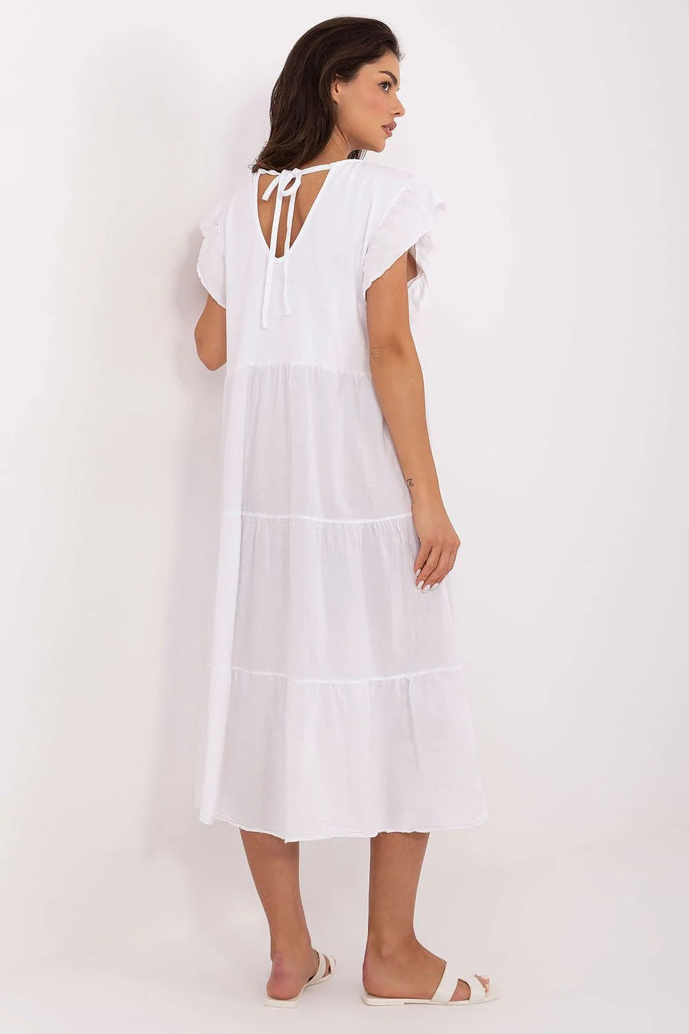 Robe de jour Och Bella été longue style bohème chic manches courtes ruffles dos lacing coton respirant couleur blanche femmes