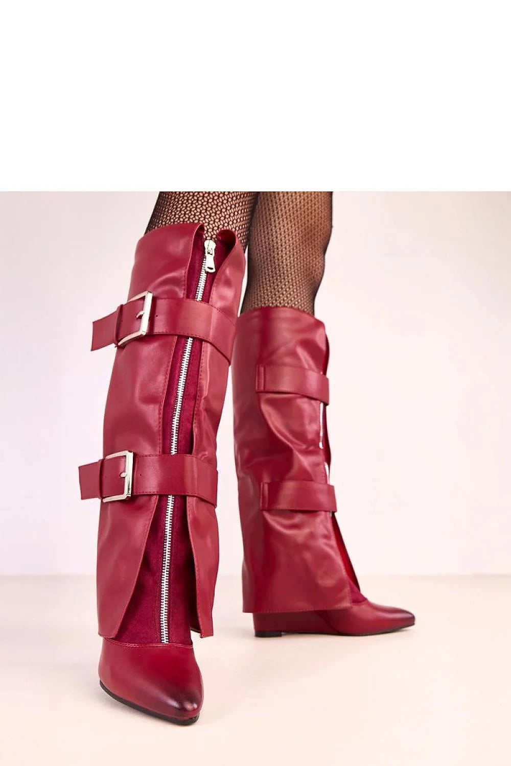bottes hautes femme simili cuir bordeaux genou tige repliée boucles argentées bout pointu talon compensé 8cm doublure chaude