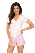 Pyjama femme coton rose coeur short volant élégant décontracté nuit confort