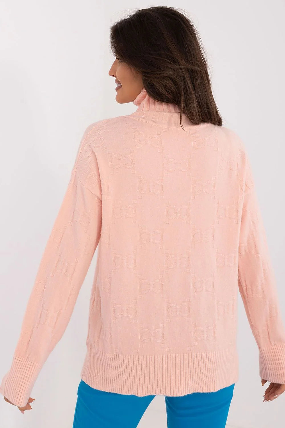 Pull à col roulé pour femme, rose pâle, maille douce, coupe ample, manches longues, finitions côtelées, style décontracté chic, polyester, acrylique, polyamide, tailles unisex