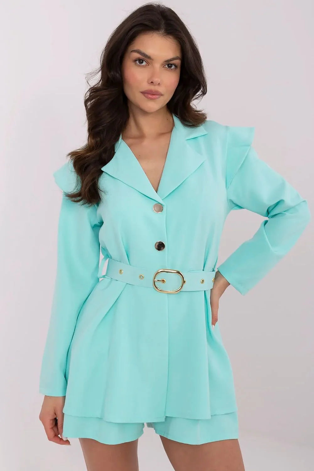 Combinaison Italy Moda pour femme en turquoise veste cintrée short court coupe élégante occasion semi-formelle