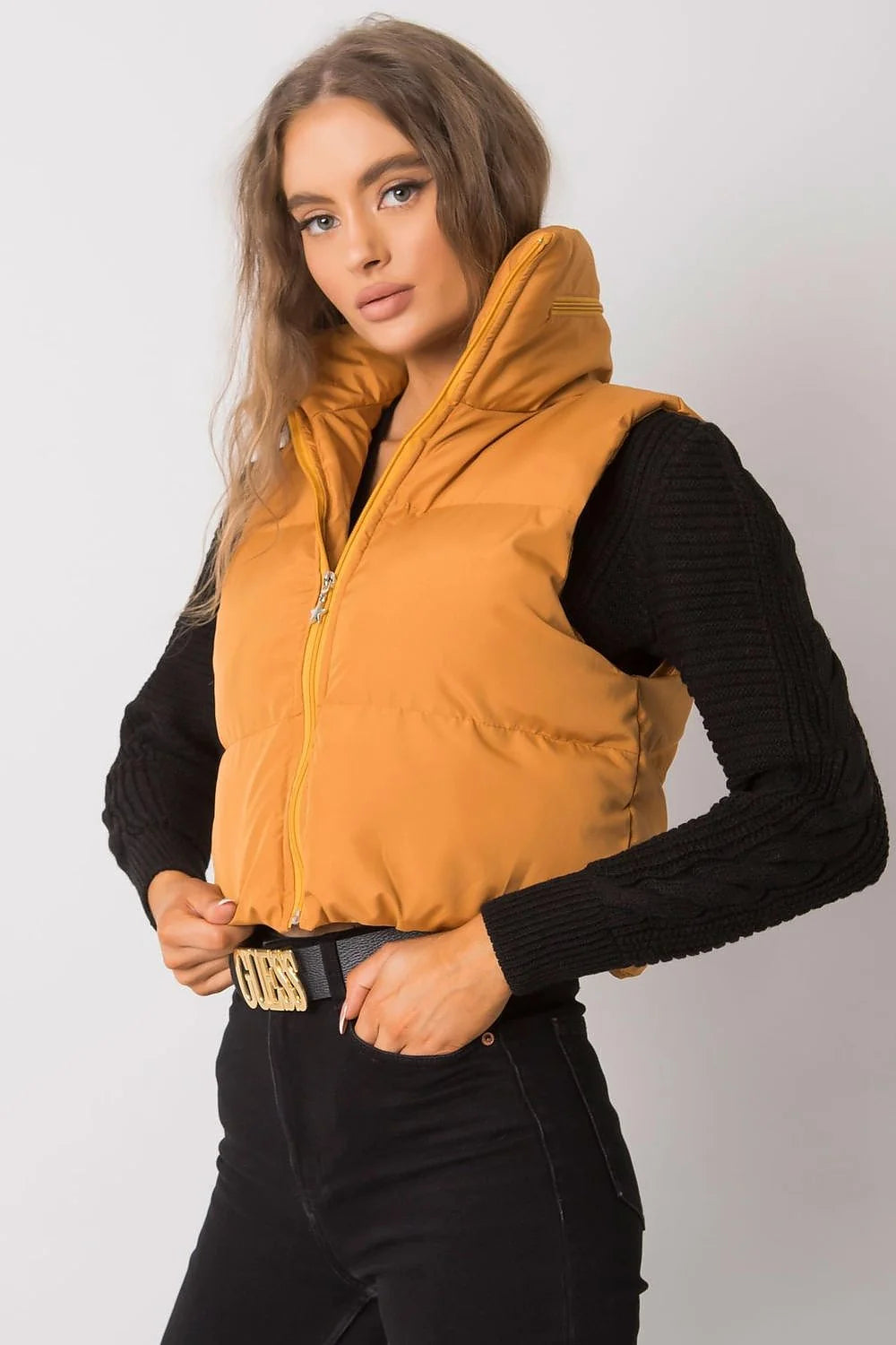 Gilet matelassé femme polyester style urbain chaud imperméable sans manches col montant élégant hiver