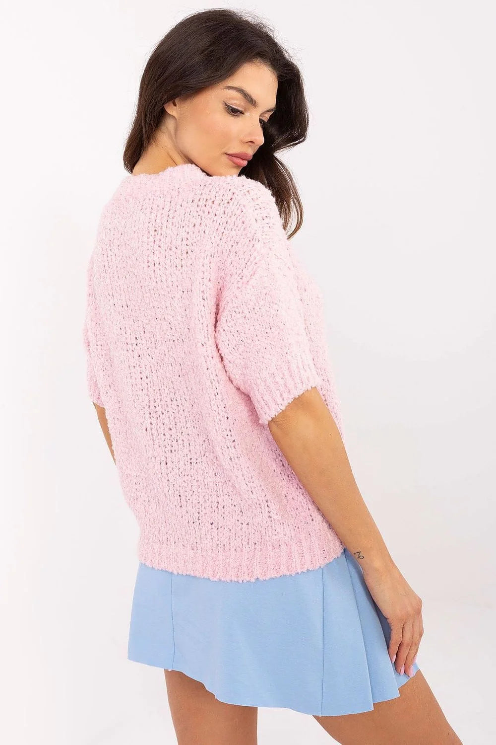 Pull à manches courtes Italy Moda élégant casual été rose pâle jupe plissée bleu clair femmes mode hauts vestes