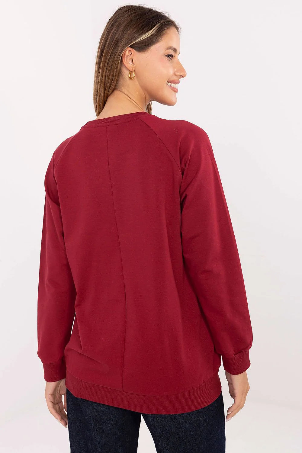 sweatshirt bordeaux femme molleton doux coupe droite encolure ronde manches longues bordcôtes poignets ourlet broderie inscriptions étoiles métallisées