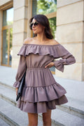 robe Roco Fashion bardot mauve volants multiples manches longues resserrées taille élastique cintrée jupe courte superposée trapèze fluide