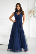 Robe de soirée élégante longue sans manches bleu marine col V décoration florale taille ajustable femme