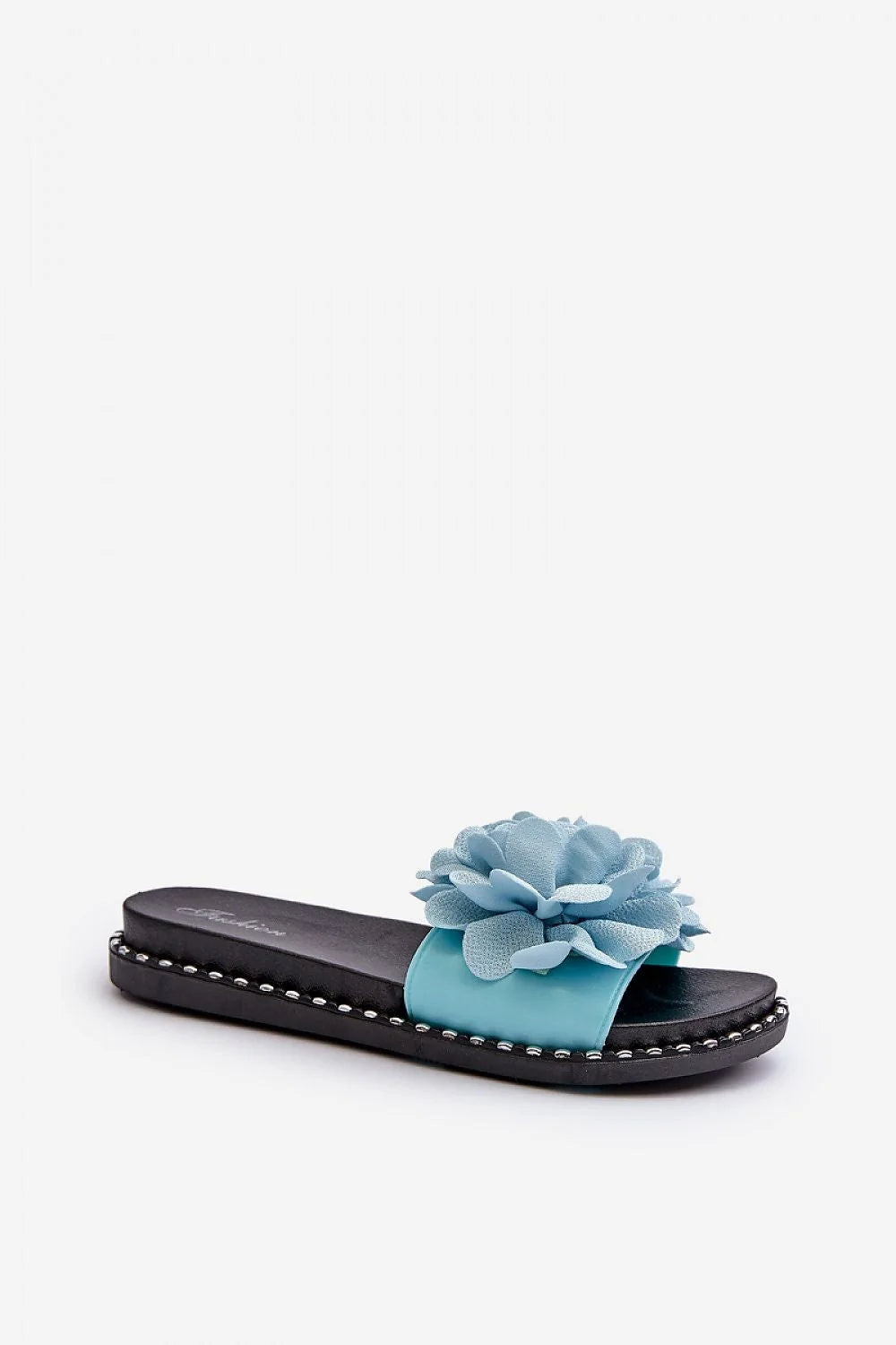 Sandales pour femmes style moderne été clous métalliques semelle plate tissu fleuri couleur bleu pâle respirabilité