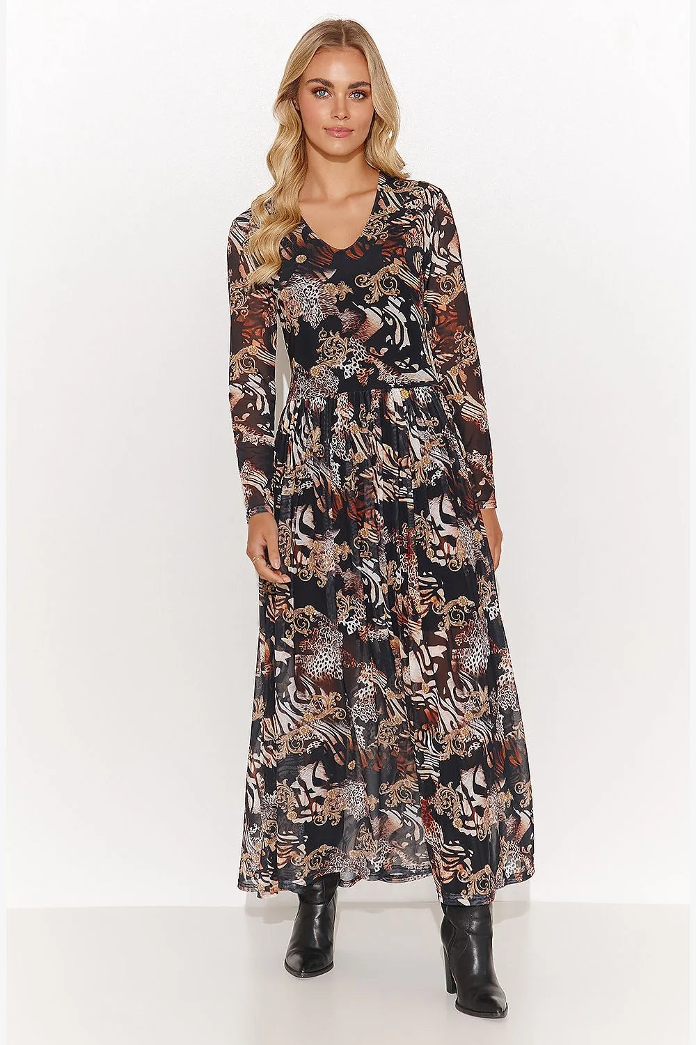 Robe longue Makadamia en tissu léger imprimé floral et animal print manches longues en V silhouette A-line pour femme