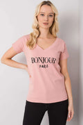 T-shirt Fancy pour femme, style urbain Paris, coton élasthanne, coupe ajustée, col V, inscription 'BONJOUR PARIS', manches courtes, rose pâle