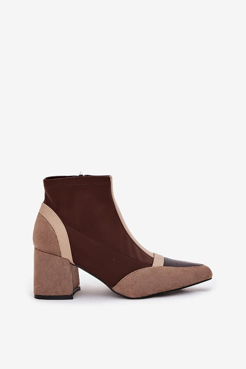 bottine femme bout pointue élancée talon bloc massif suédine textile simili cuir bicolore marron beige empiècements contrastants zippée confortable élégante