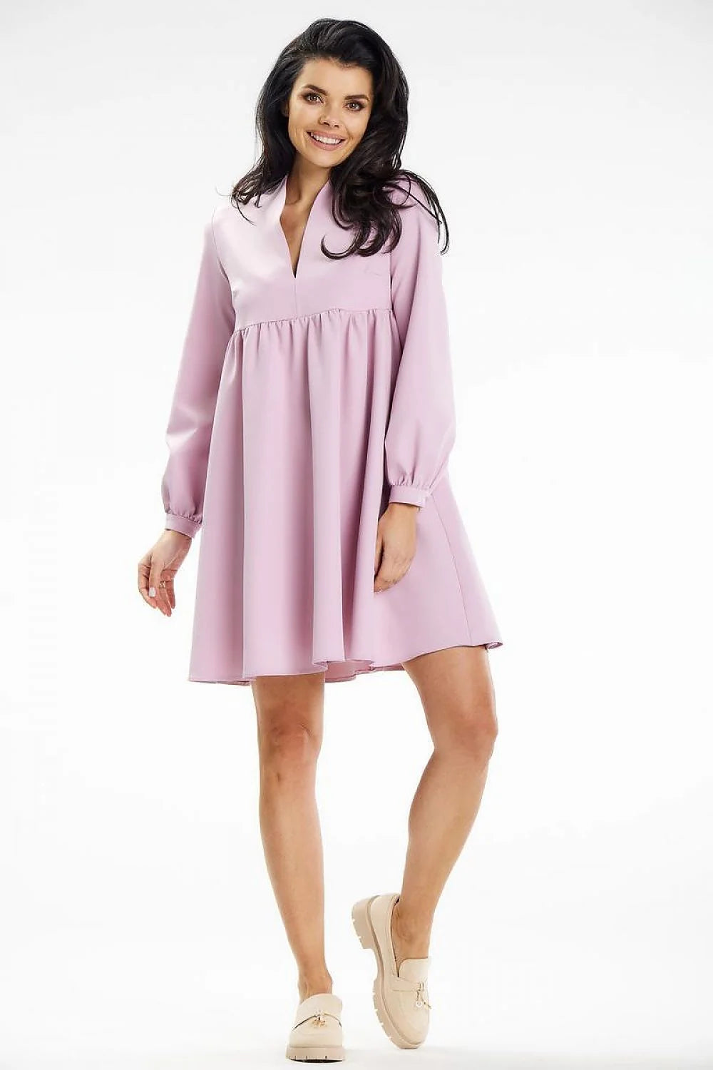 Robe élégante pour femme en polyester élasthanne manches longues encolure profonde ajustée taille empire