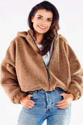 Veste à capuche zippée moderne pour femme en fausse fourrure Sherpa couleur caramel brun, coupe ample et confortable, idéale pour l'automne et l'hiver
