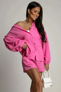 Ensemble La Balancia pour femme en mousseline rose vif manches longues larges short taille haute style moderne décontracté occasion estivale