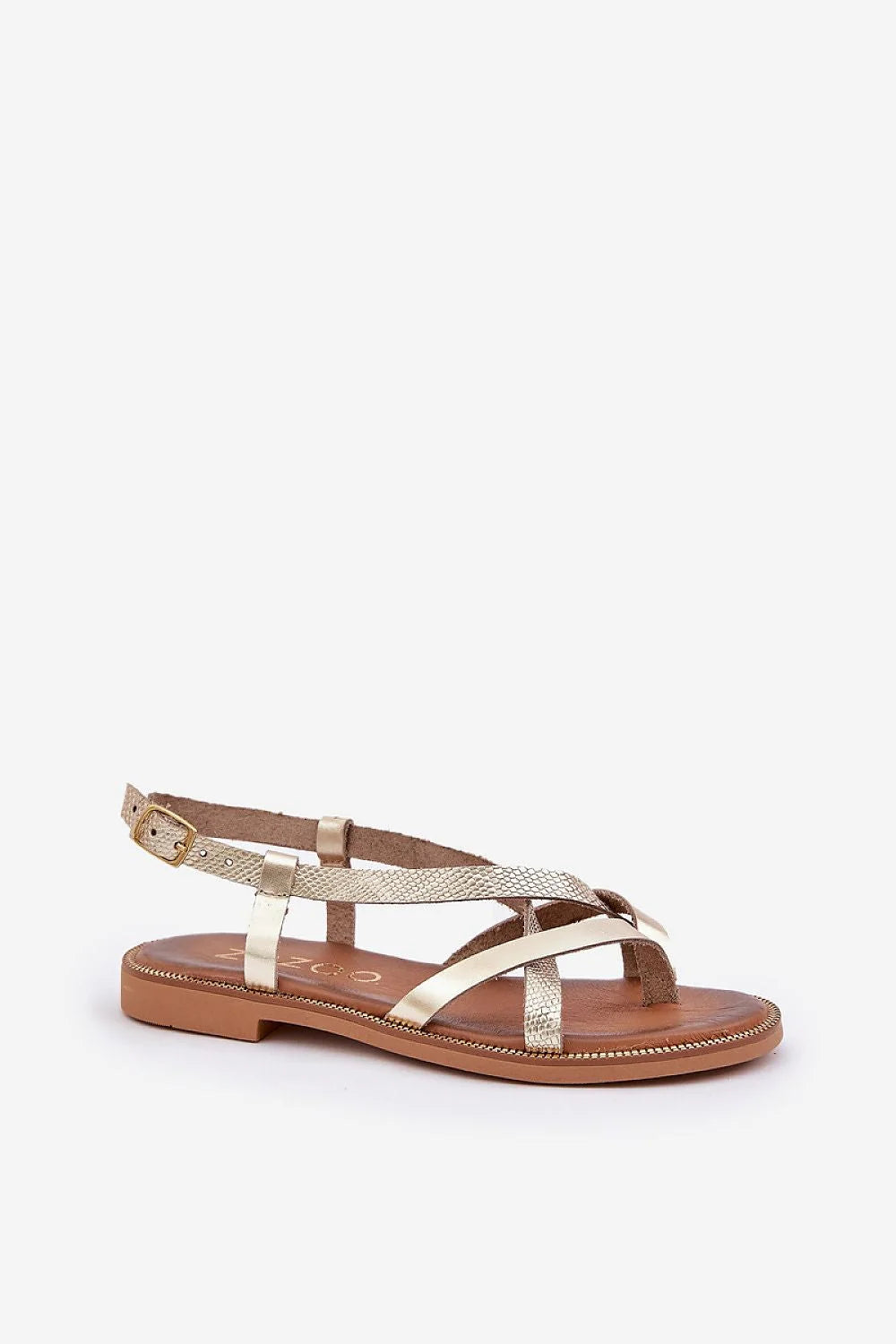 sandales dorées lanières croisées confortables estivales femme similicuir texturé semelle caoutchouc matelassée boucle réglable talon bas bout ouvert élégantes spartiates